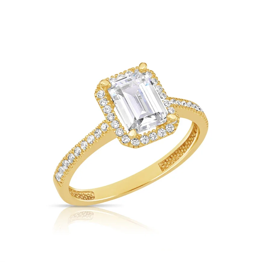 14K Yellow Gold Halo Emerald Cut Cubic Zirconia Engagement Ring.webp