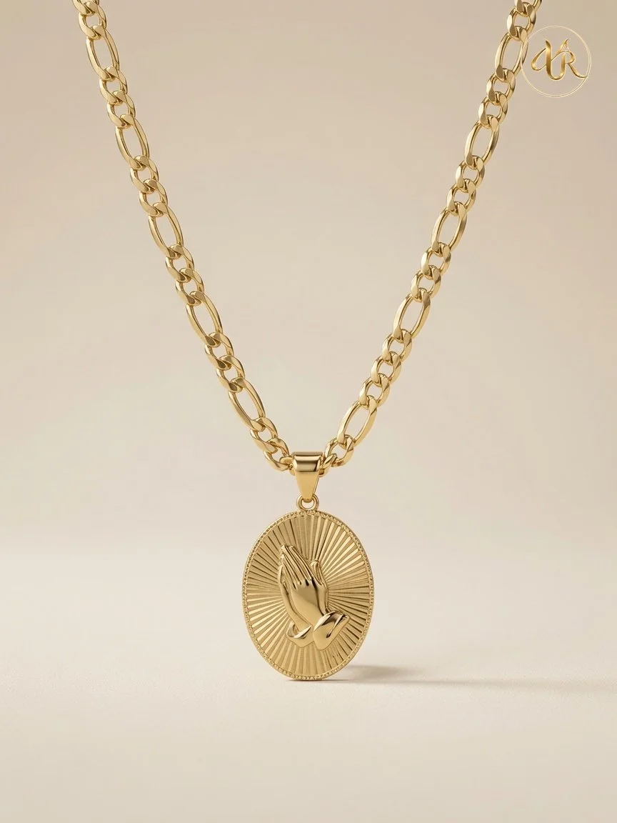 14K Gold Praying Hands Medallion/ Figaro Chain