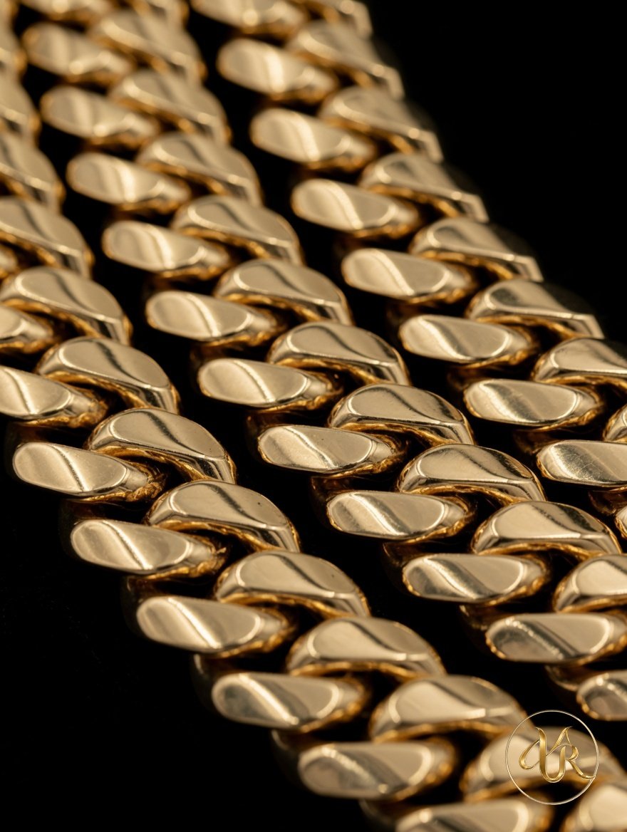 Close-up view of a gold jewelry chain with a black background.