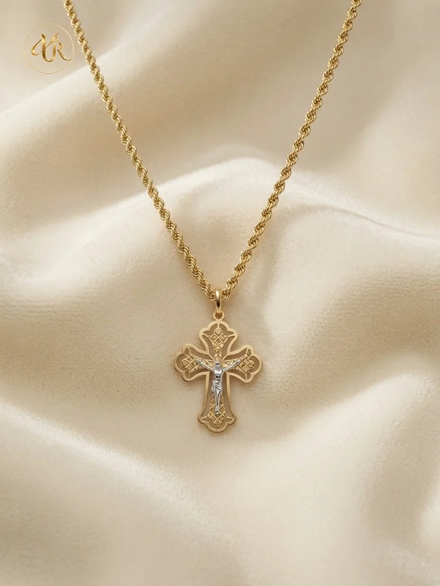 Ornate Crucifix Pendant – 14K Gold & Chain