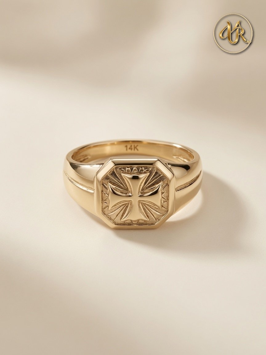 14K Gold Cross Signet Ring