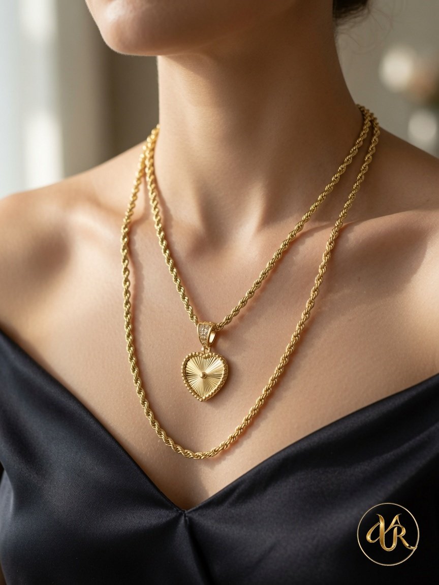Radiant Heart Pendant – 14K Gold & Rope Chain Bundle