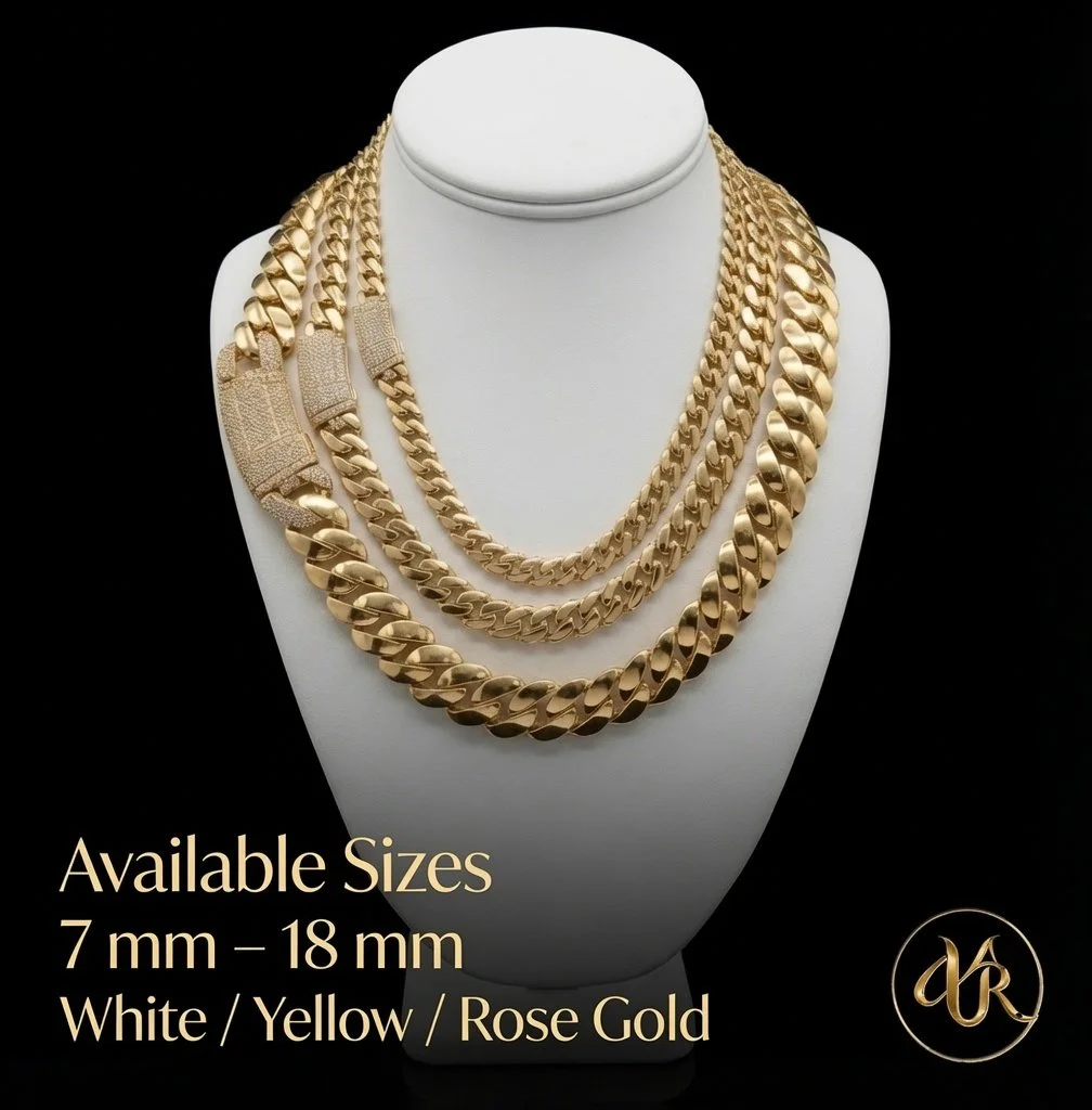A display of multiple gold chains on a white bust form against a black background, with text indicating jewelry sizes 7mm to 18mm, and available in white, yellow, or rose gold.