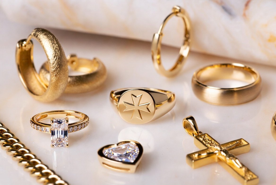 Collection of gold jewelry including rings, hoops, a cross pendant, and a diamond pendant.