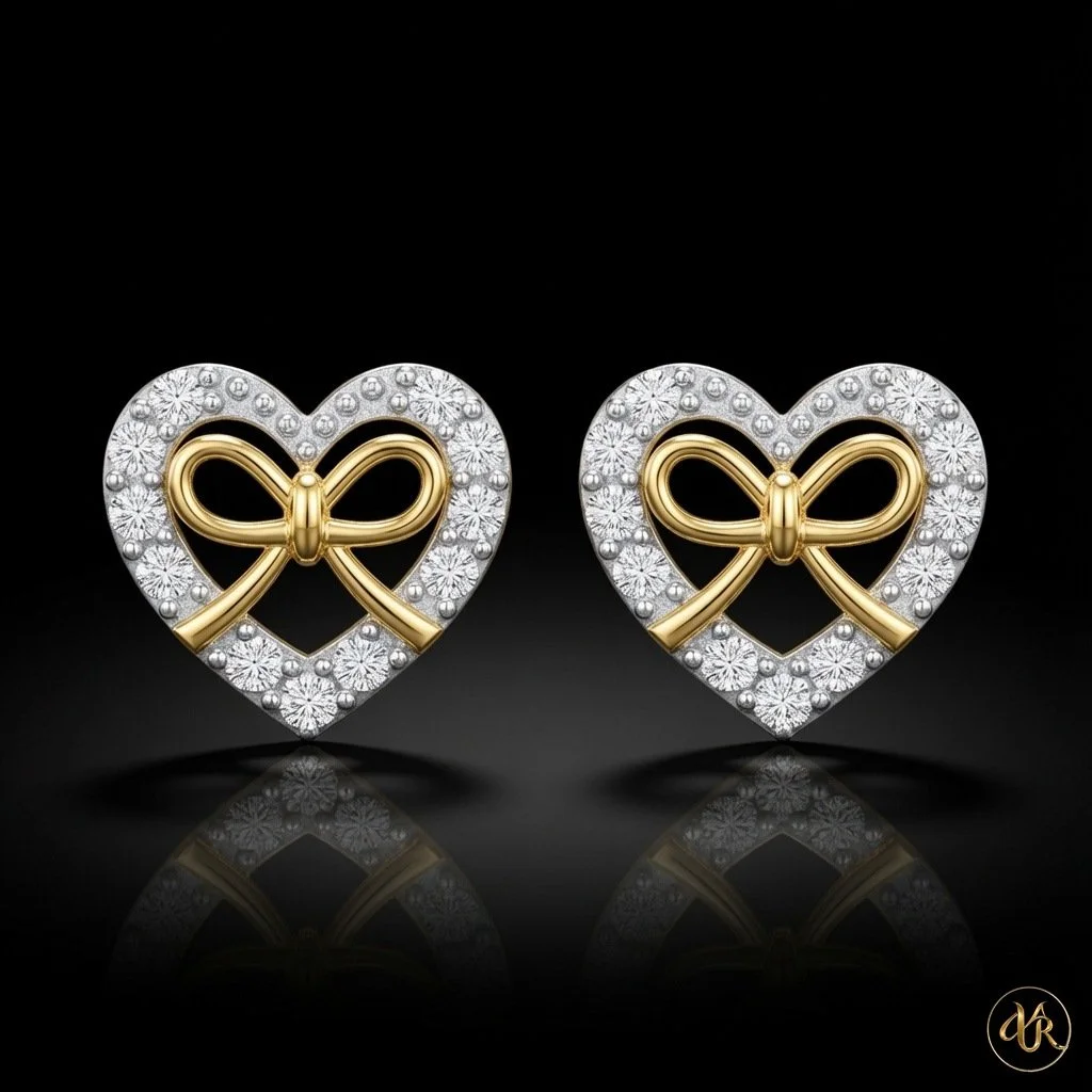 14K Gold - Heart Bow Lab Diamond Stud Earrings
