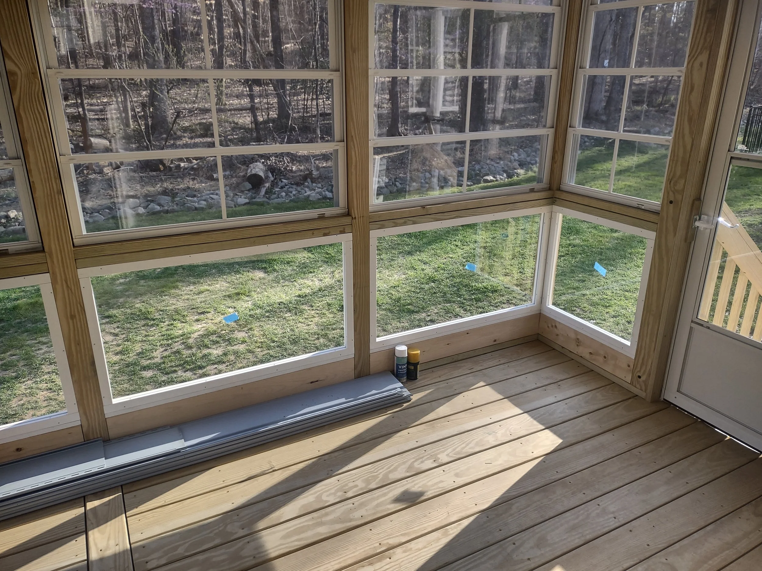 The bottom windows are so new and clear a small piece of painters tape was put in the middle of each window to alert anyone on site there is a window there.