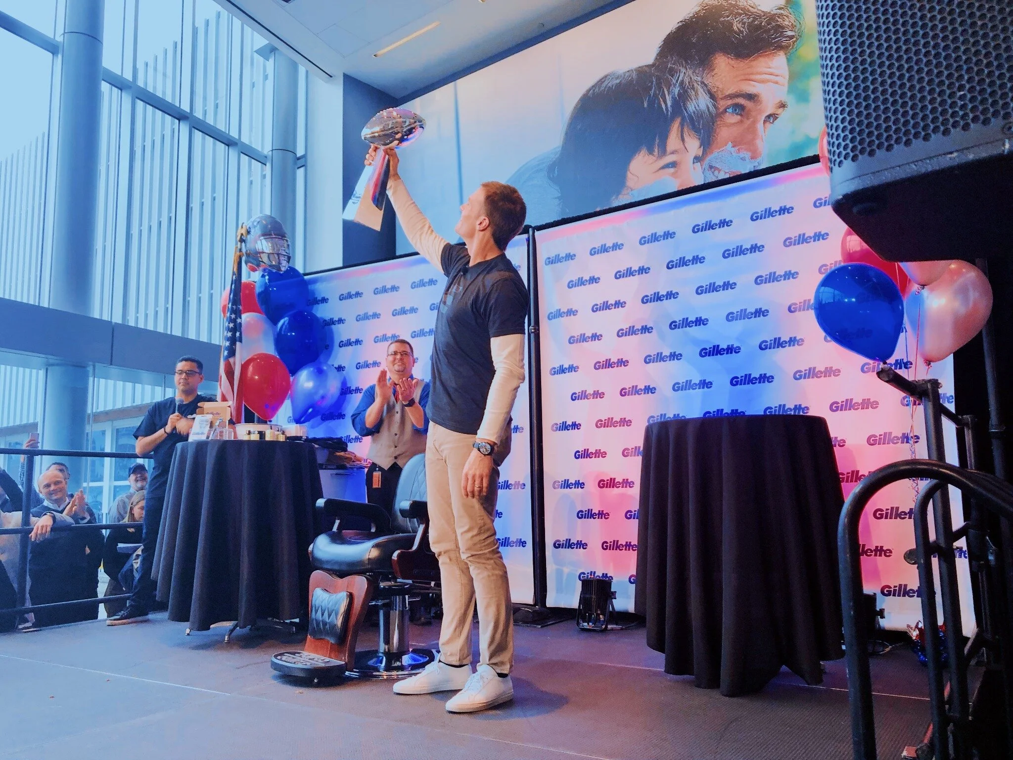  Tom Brady celebrates his sixth Super Bowl win at Gillette Shaving Headquarters, where he ceremoniously shaved off his playoff beard.   