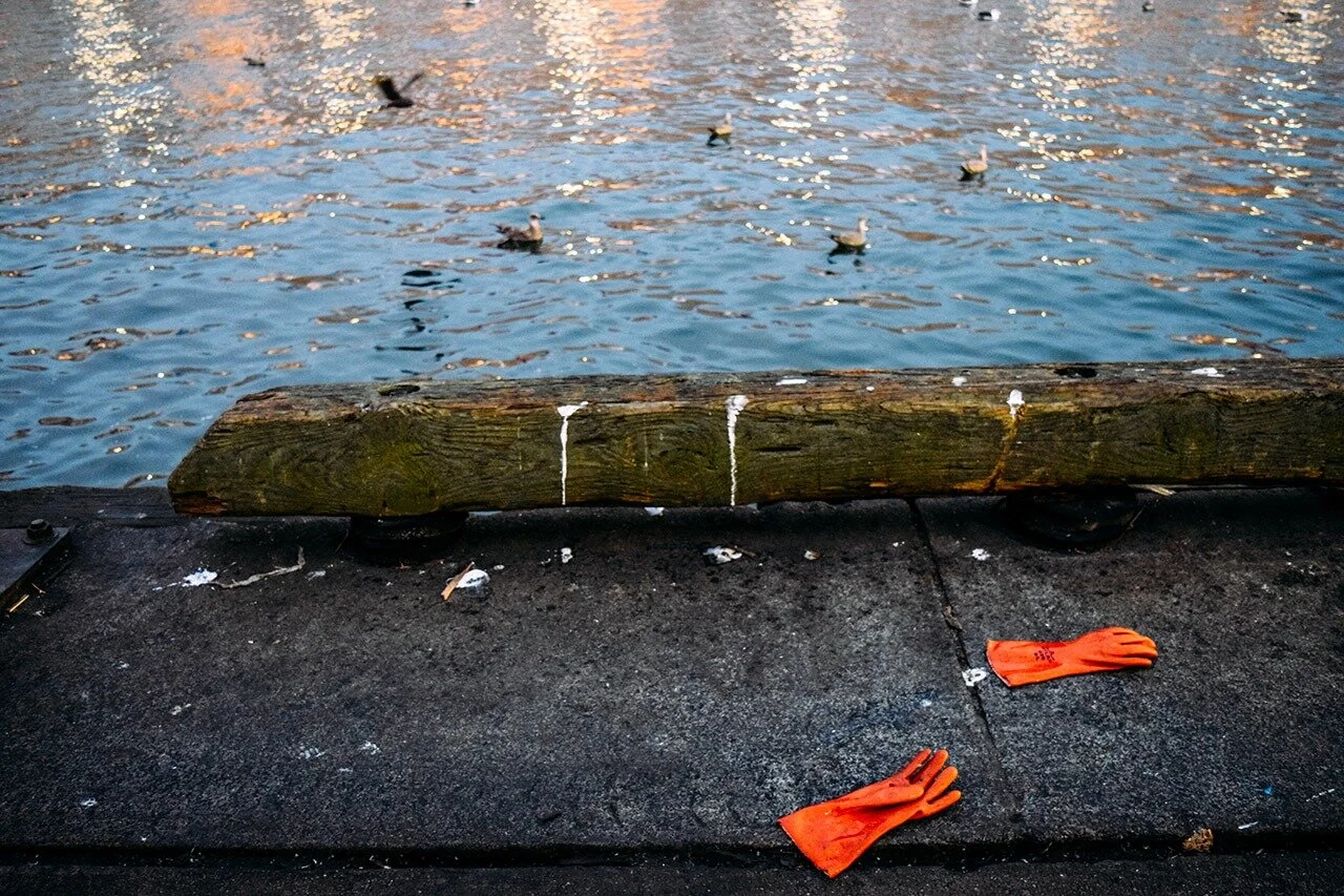  A pair of fishing gloves left at the pier. These workers go out every morning at dawn, long before the rest of the Seaport is awake, braving the weather in order to support the city’s appetite for local seafood.   