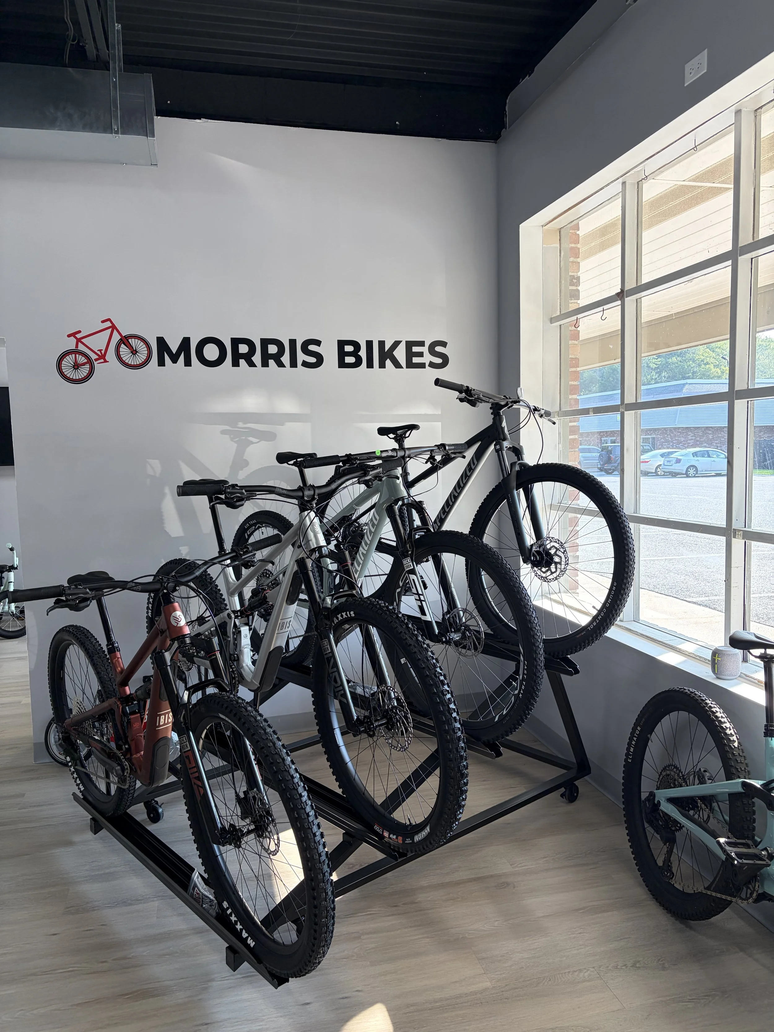 Mountain bikes displayed in a Morris Bikes showroom beside large windows.