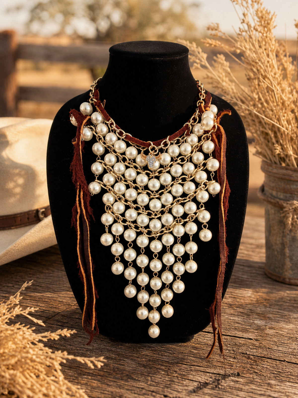 White Sage - Vintage Pearl Statement Necklace with Rustic Leather and Bull Charm