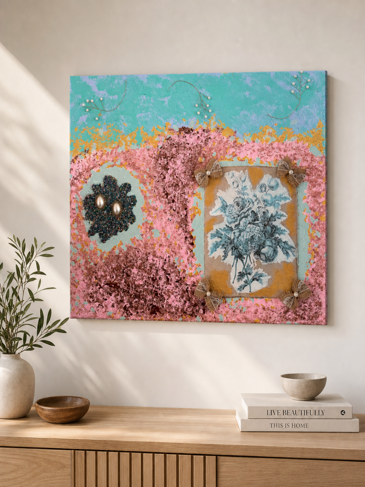 Vivienne - Textured Mixed Media Canvas with Vintage Pearl Earrings & Antique Floral Art