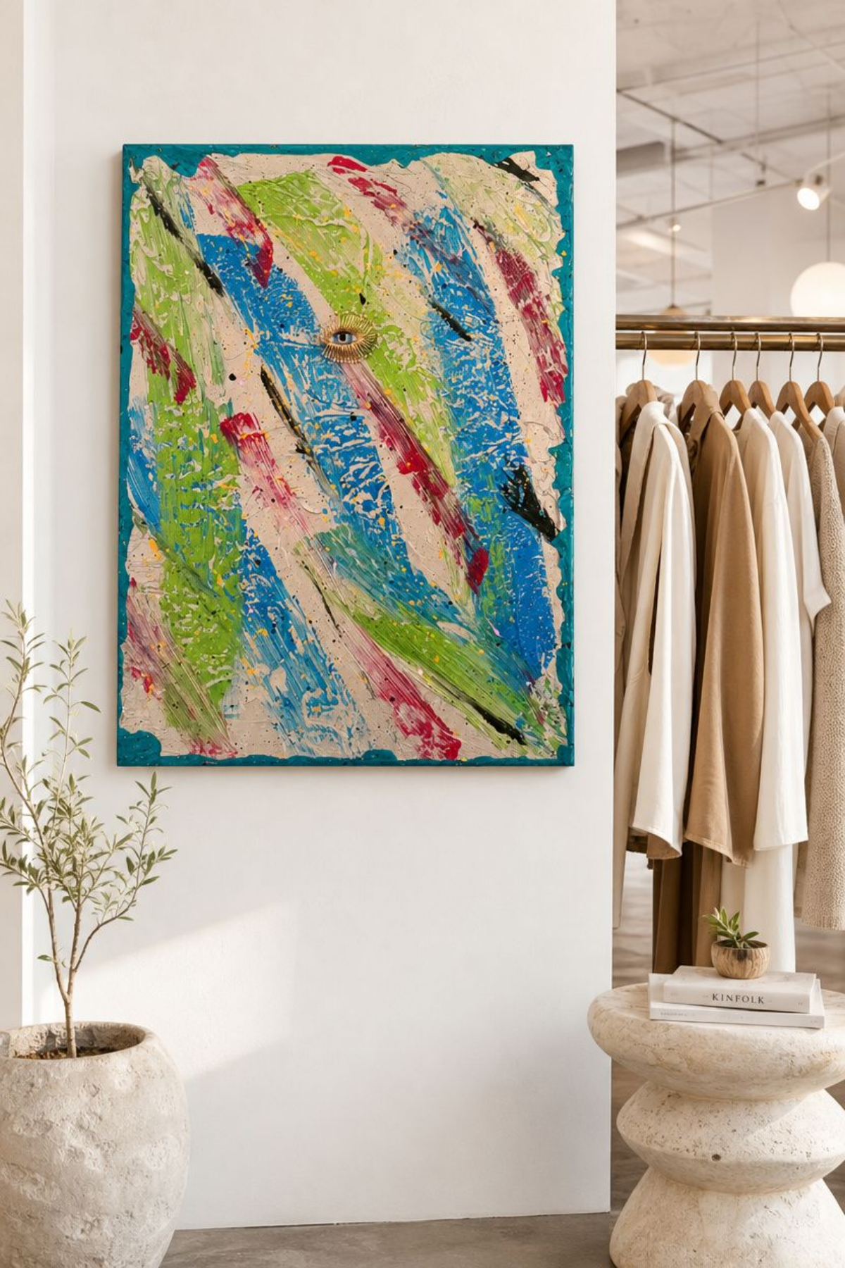 The Witness - Original Abstract Textured Painting with Anthropologie Eye Brooch | 20x24 Mixed Media Wall Art