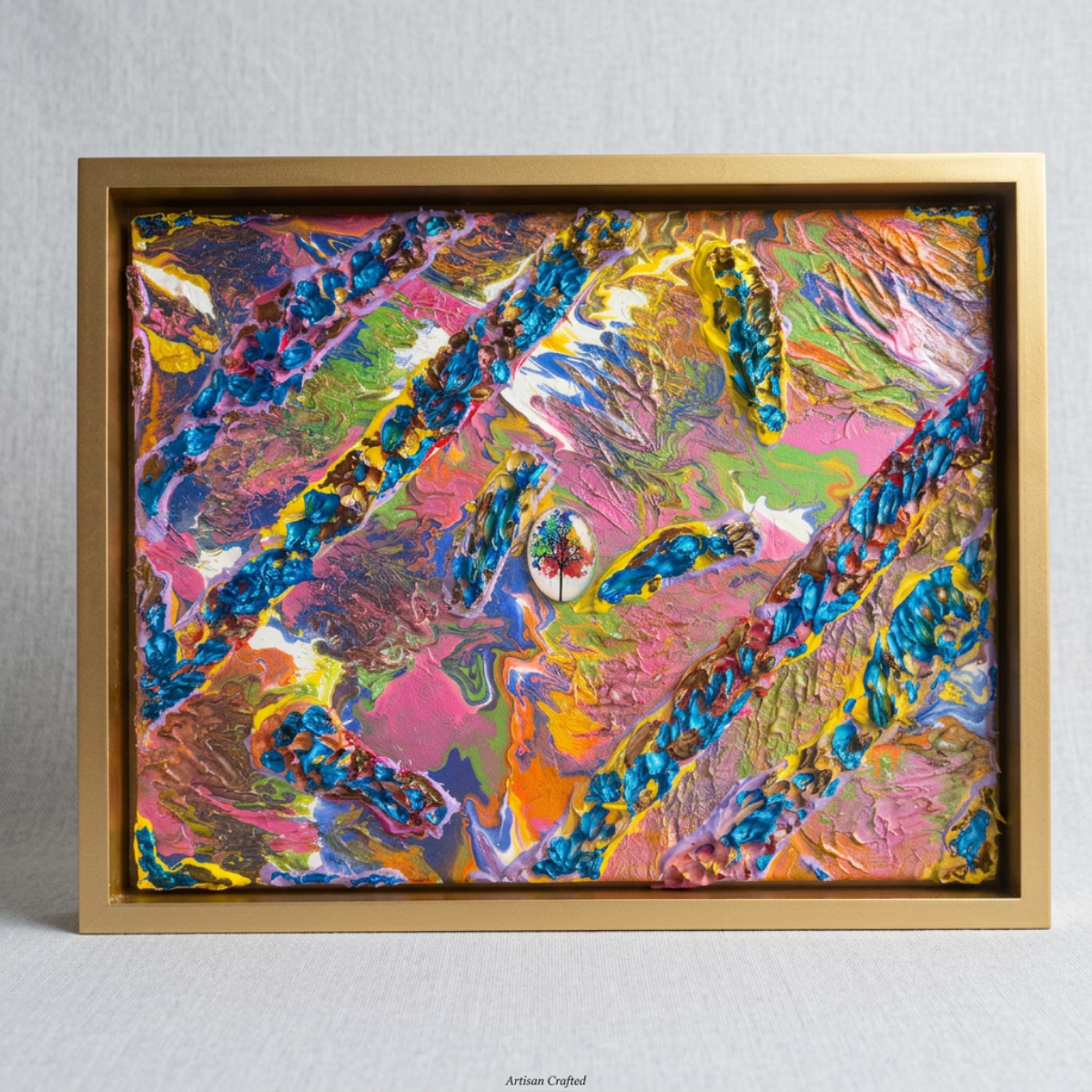 Rooted in Chroma - Heavy Textured Acrylic Painting with Vintage Cabochon