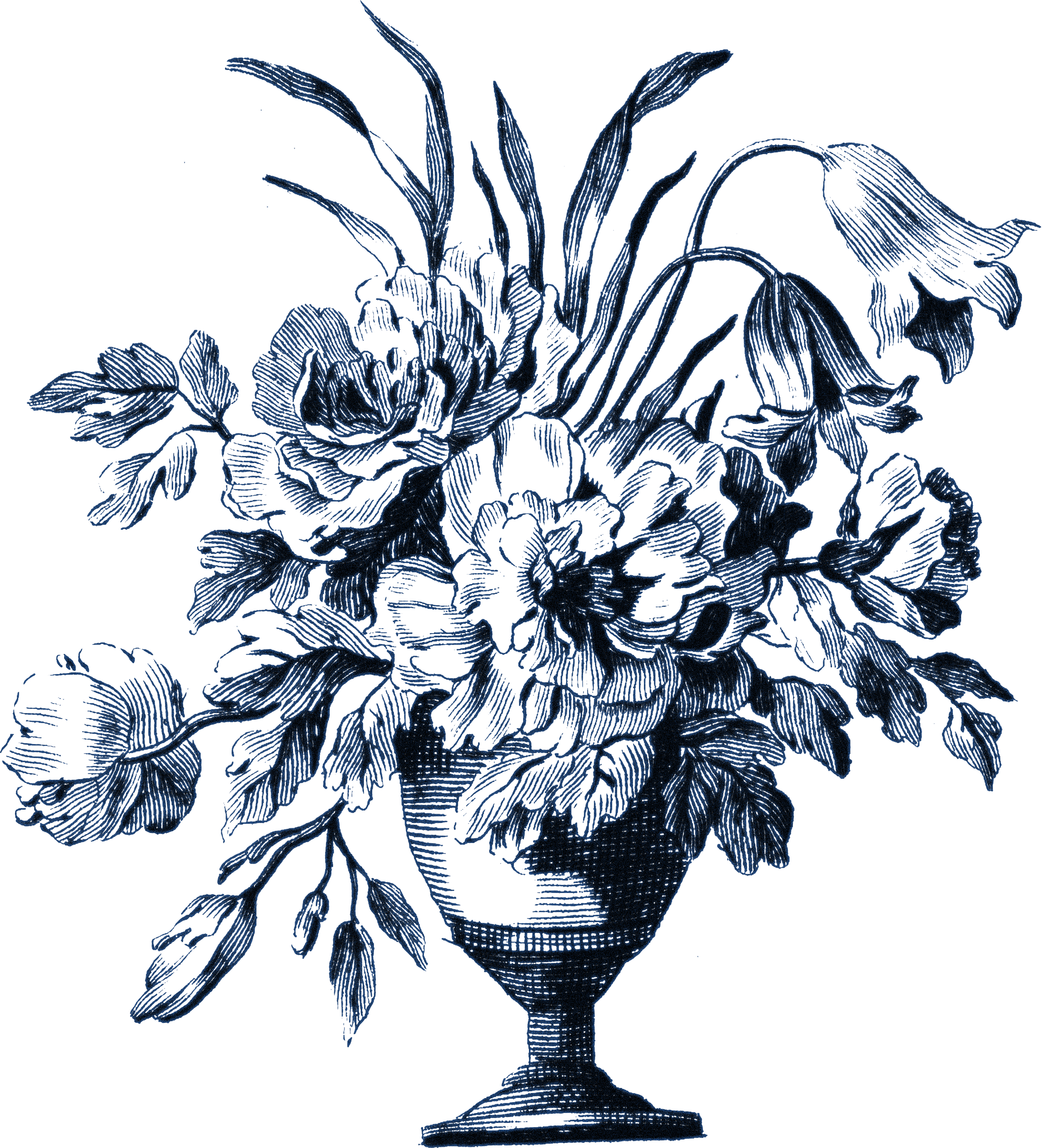 Outline of a decorative floral design in blue on black background, featuring flowers, leaves, and a vase