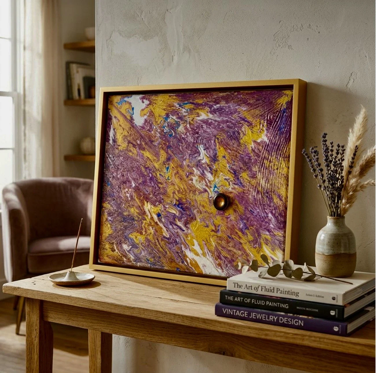 Amethyst and Gold Storm - Textured Acrylic Painting with Vintage Button