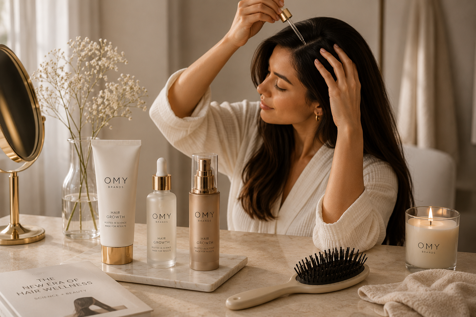 A woman with long dark hair applies hair growth serum with a dropper at a vanity table with beauty products, a mirror, a vase with flowers, a lit candle, and a hairbrush.
