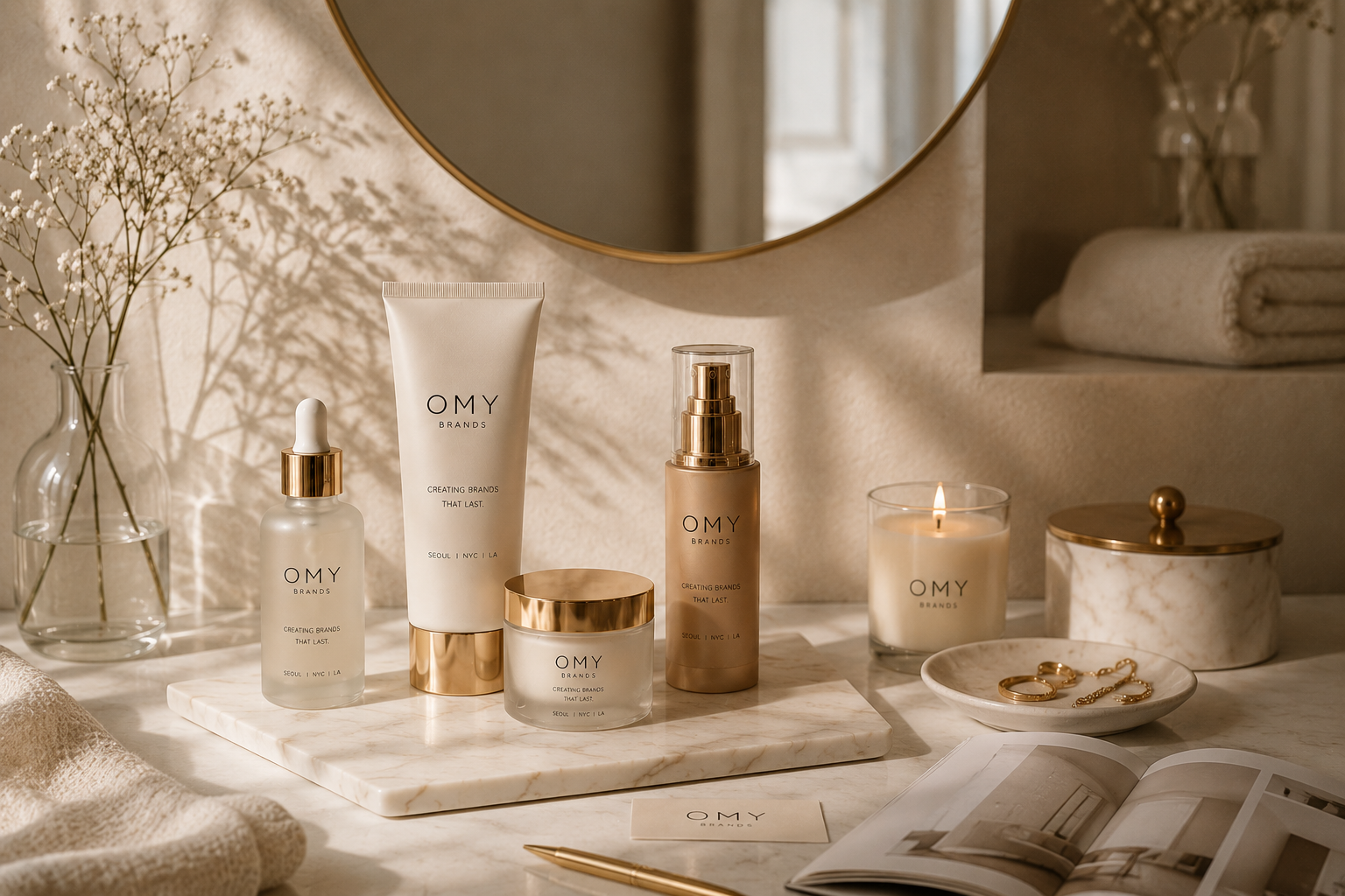 A collection of OMY skincare products on a marble tray, including serum, cream, and mist, with a candle, jewelry, a magazine, and a glass vase with flowers in a softly lit, elegant bathroom setting.