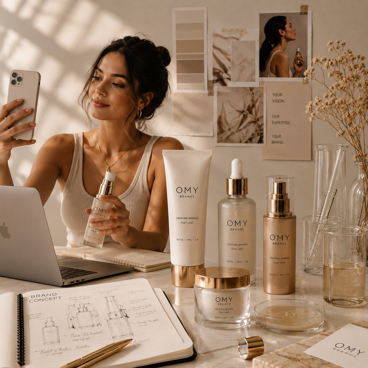 A woman sitting at a desk with skincare products, a laptop, notebooks, and a glass of water in a well-lit room with aesthetic decor and photos on the wall.