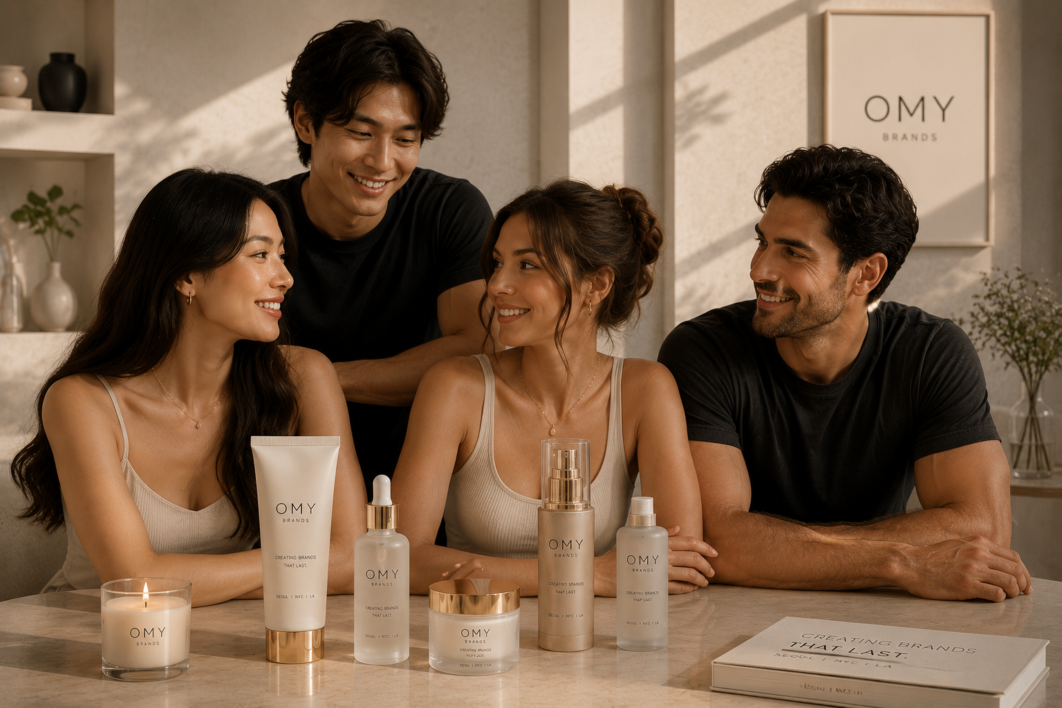 Four people smiling and engaging indoors with skincare products branded OMY on a table.