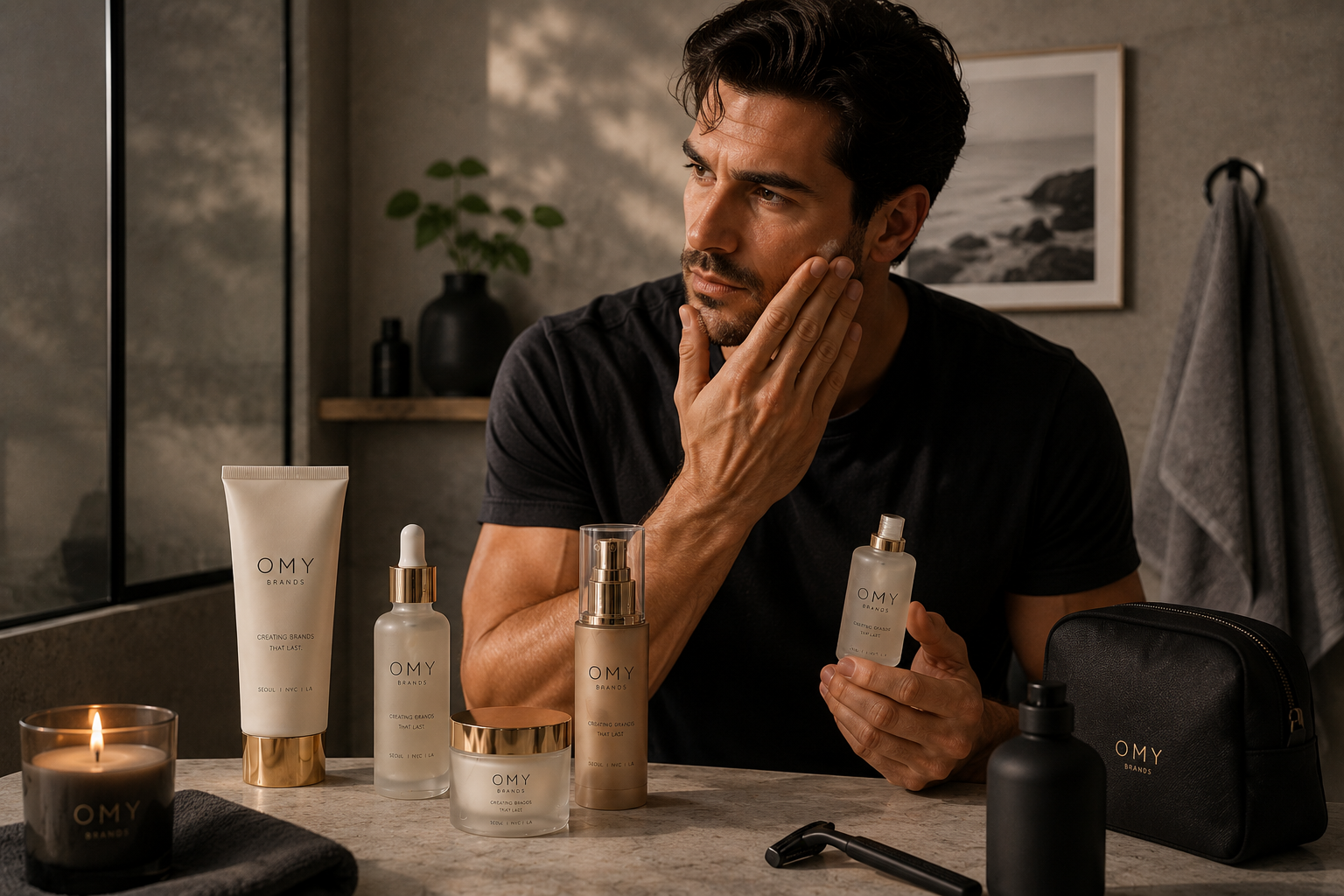 A man in a black shirt is applying skin care product to his face in a bathroom. On the counter are various OMY skincare products, including creams, serums, and a black travel pouch. A lit candle and a towel are also seen on the counter.
