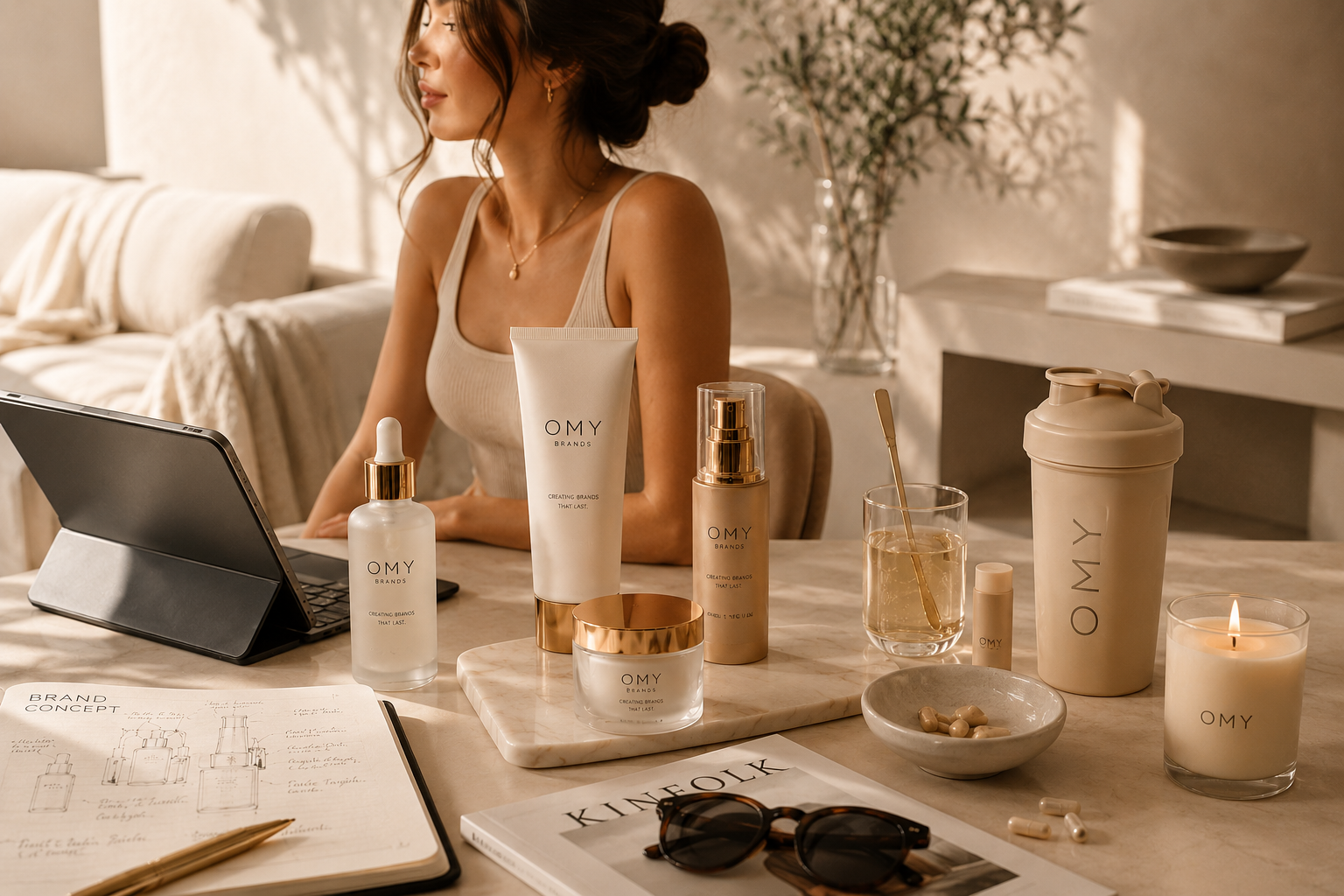 A woman sitting at a marble table surrounded by skincare products, a magazine, sunglasses, and a candle in a cozy, well-lit room.