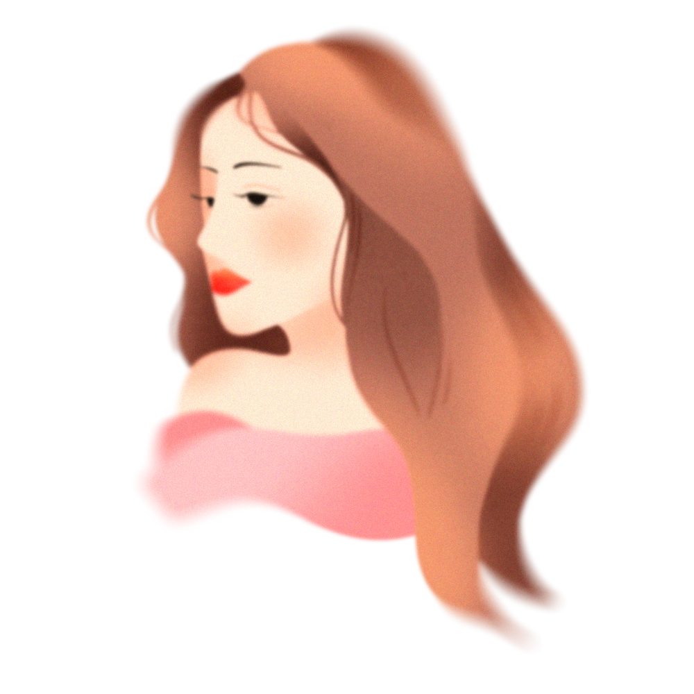 An illustrated woman with long brown hair, wearing a pink off-the-shoulder top, with a soft expression and red lipstick.