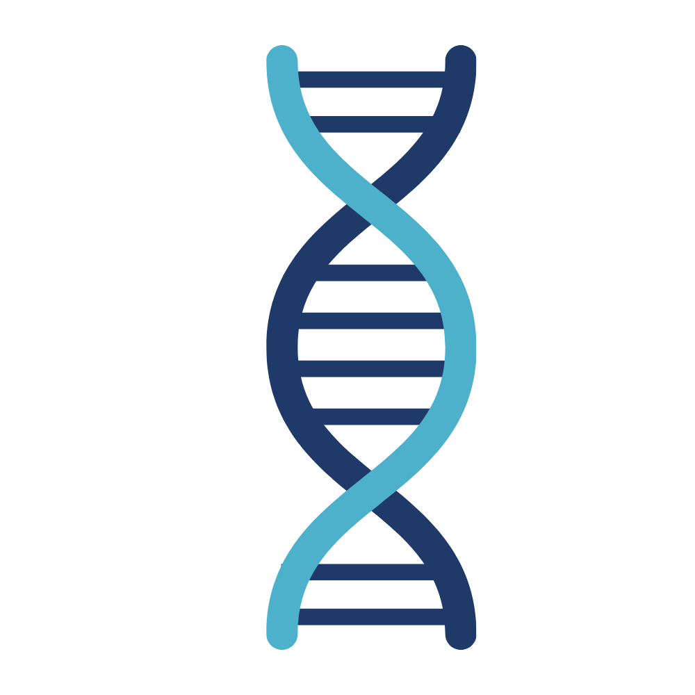 Stylized DNA double helix with blue and navy colors on a black background.