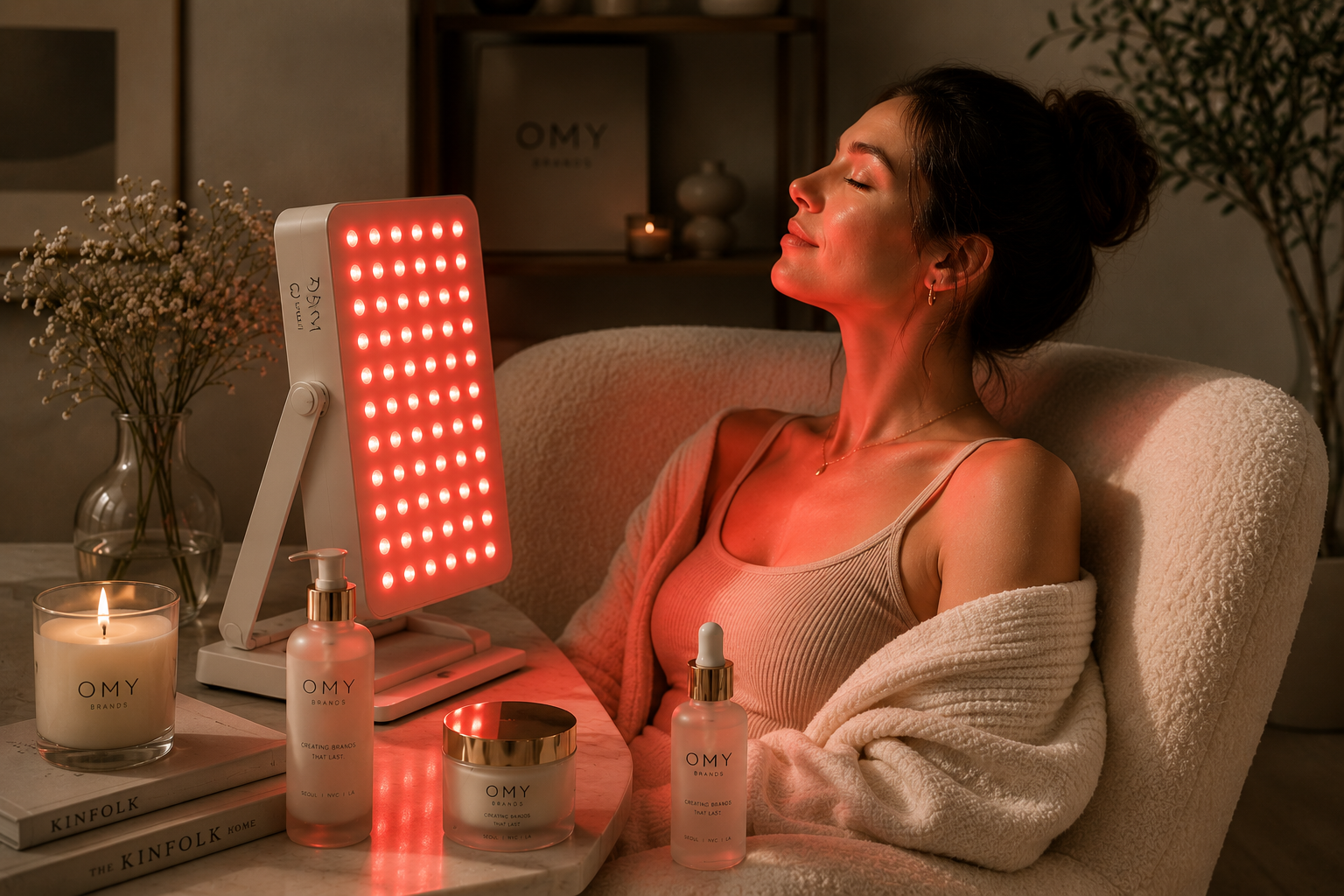A woman relaxing in a dimly lit room, glowing under a red LED light therapy device, with candles and skincare products on a table nearby.