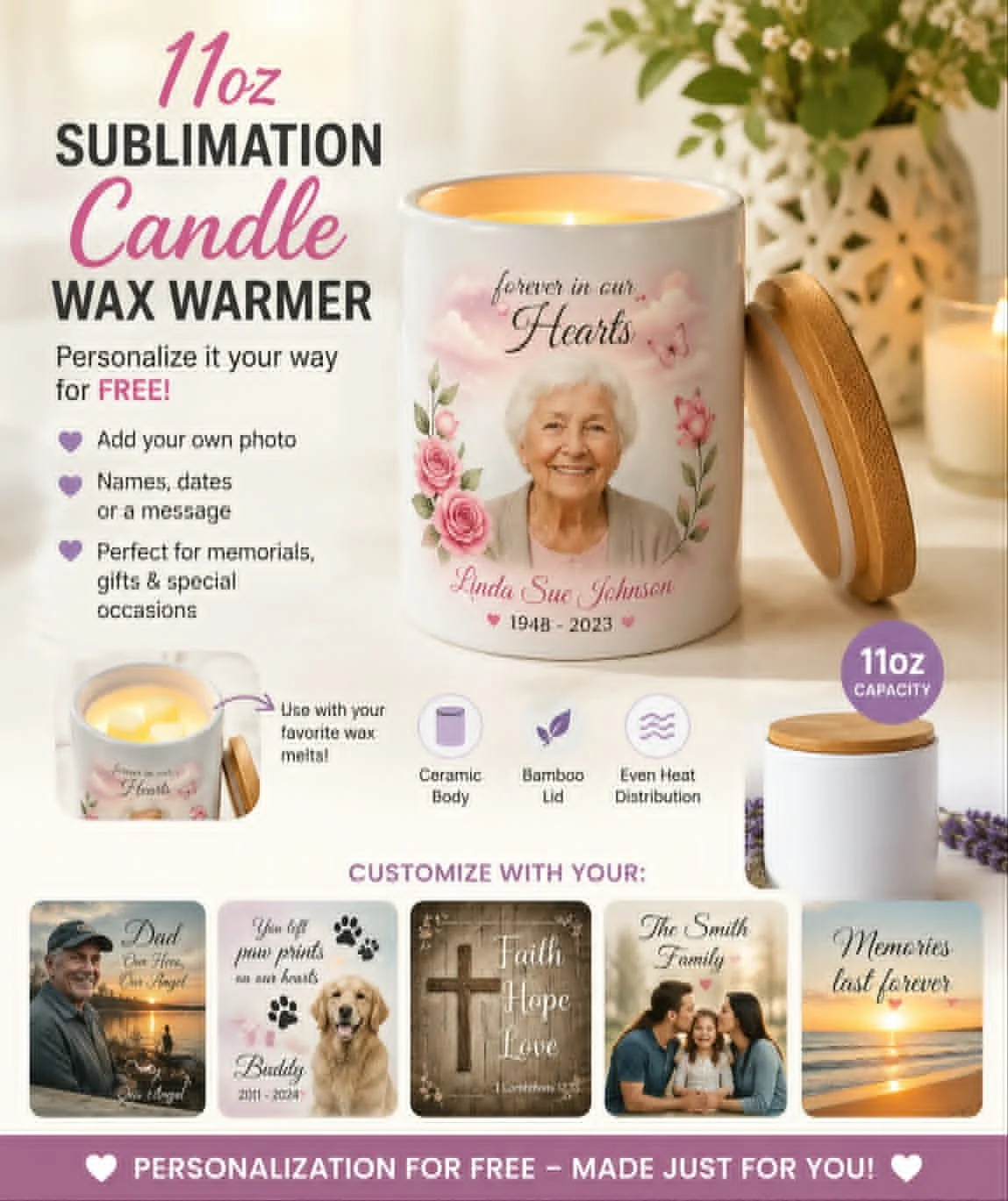 Custom Sublimation Candle Wax Warmer 11oz