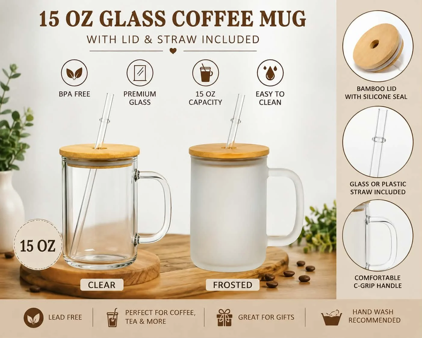 15oz Frosted/Clear Glass Coffee Mug