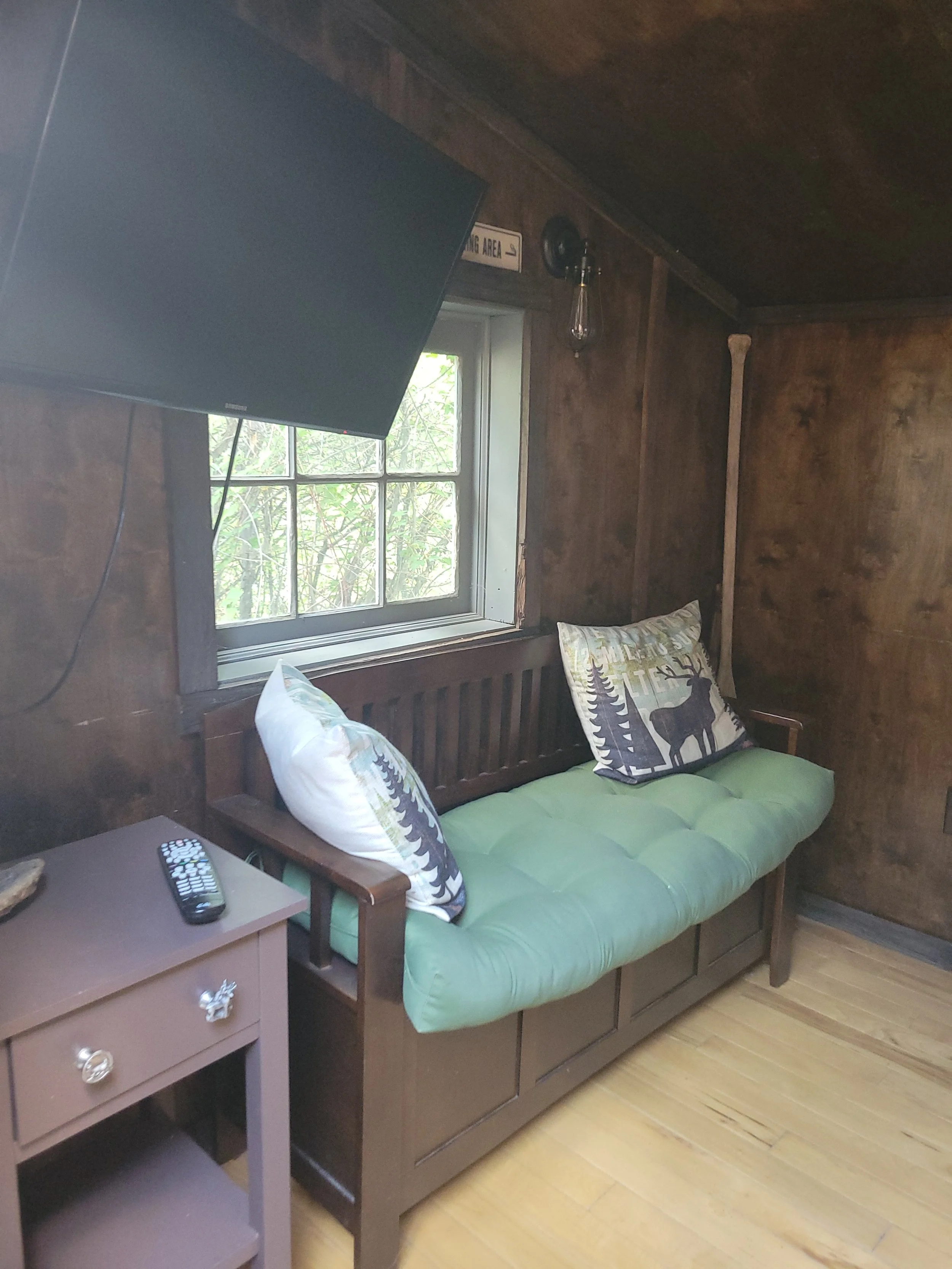 Room with wood-paneled walls, a window with a view of trees outside, a flat-screen TV mounted on the wall, a side table with a remote control, a green futon with patterned pillows, and a label on the wall indicating the 'Hunting Area' with an arrow pointing to the right.
