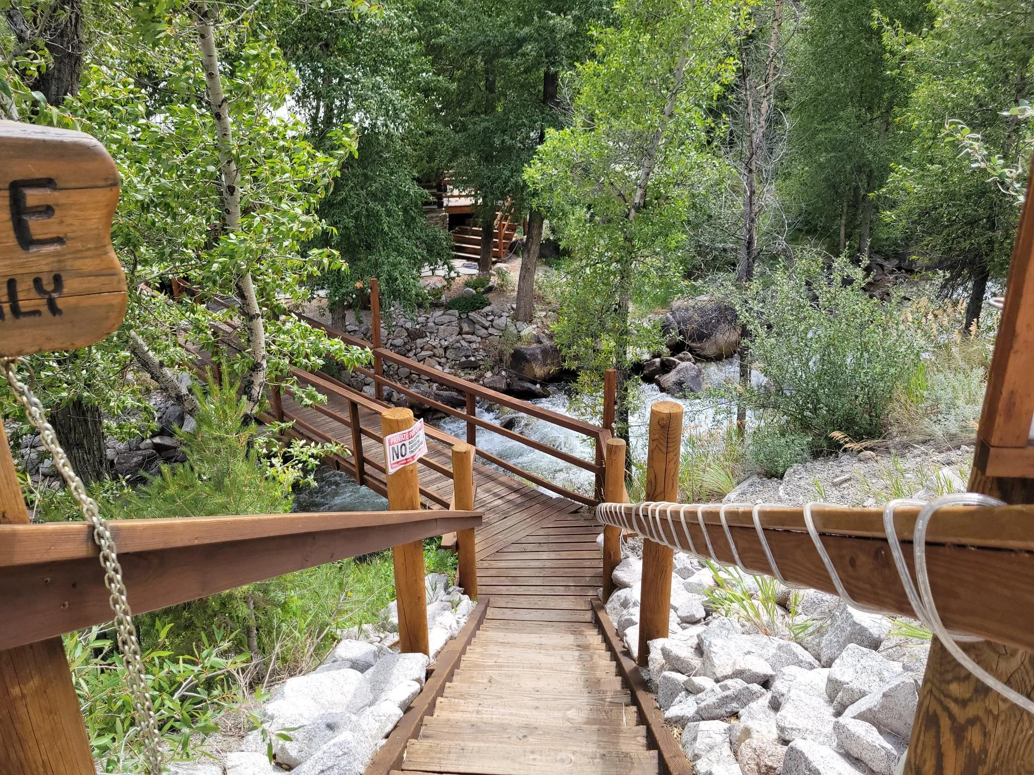 Wooden bridge over a rocky creek surrounded by green trees and bushes in a forested area.