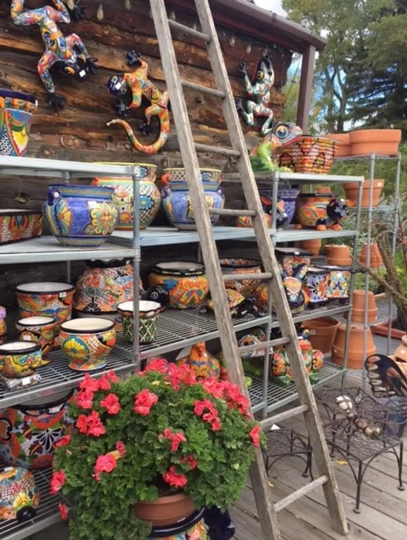 A variety of colorful clay pottery and figurines displayed on metal shelves against a wooden wall, with a wooden ladder leaning against the shelves and a potted pink flower in the foreground.