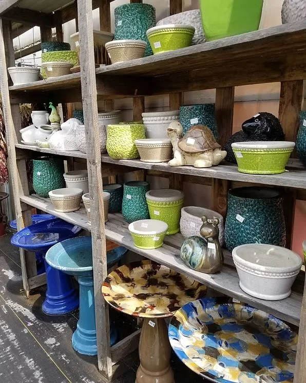 Shelves filled with ceramic planters, decorative pots, and garden ornaments, including turtle and owl statues, in various colors like green, white, and blue.