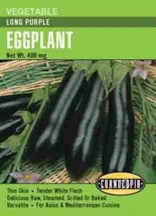 Package of vegetable eggplant called Long Purple with an image of multiple dark purple eggplants on a basket.