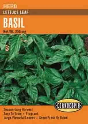 Packet of herb lettuce leaf basil seeds with green basil leaves inside.