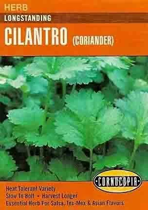 Packet of herb seeds labeled 'Cilantro (Coriander)' from Cornucopia, showing green cilantro plants with ruffled leaves.