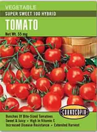 Package of Super Sweet 100 hybrid cherry tomatoes on vine