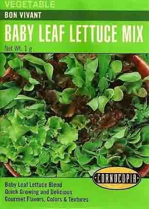 Packet of baby leaf lettuce mix, including green and red leaf lettuce, with the label 'Vegetable Bon Vivant Baby Leaf Lettuce Mix' and branding 'Cornucopia'.