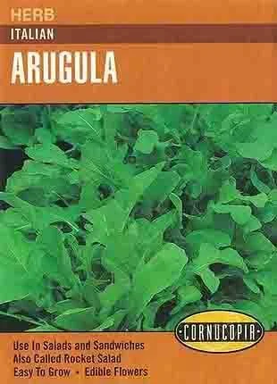 Packet of herb Italian arugula seeds with green arugula plants on the front and orange and green packaging.