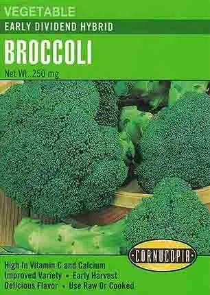 Package of broccoli labeled as early dividend hybrid vegetable, with images of fresh broccoli heads, highlighting high vitamin C and calcium, and suitability for raw or cooked consumption.