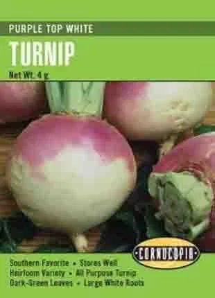 A package of purple-topped white turnips with a green label that reads 'Purple Top White Turnip,' showing turnips and their leaves.