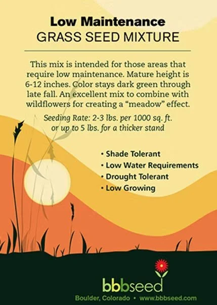 Information board for low maintenance grass seed mixture, describing its purpose, seeding rate, benefits like drought tolerance and low water requirements, and suitable for areas with low maintenance needs.
