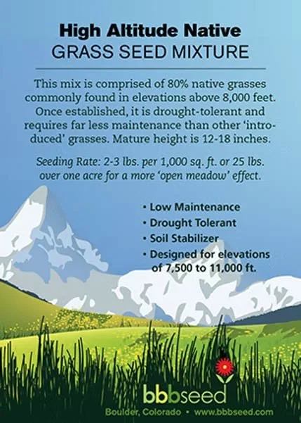 Information about high altitude native grass seed mixture with a mountain background and green meadow.