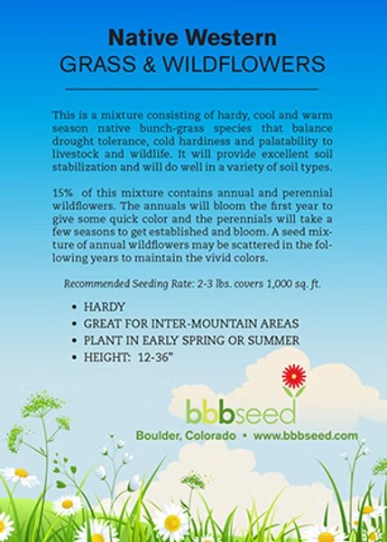 Information about native Western grass and wildflowers seed mix, including description, benefits, planting instructions, height, and recommended seeding rate; with a background of blue sky, clouds, and green grass with wildflowers.