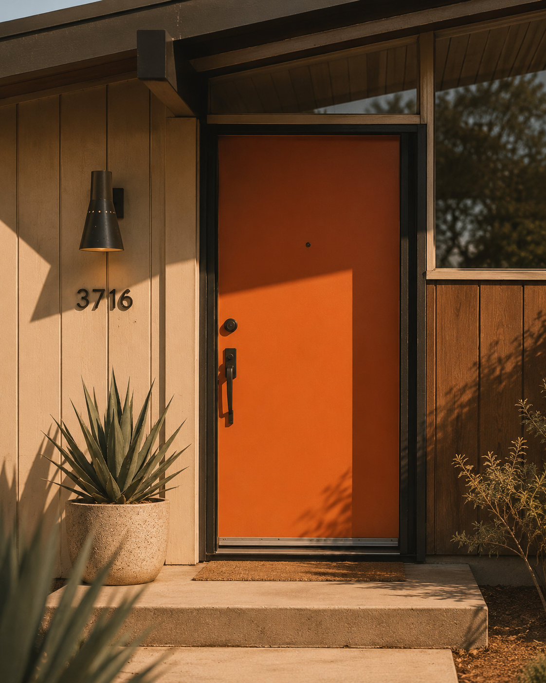Mid-century modern house entrance with a vibrant orange door and black handle. A black wall-mounted light fixture and potted succulent plant are visible near the door. The house exterior features beige vertical siding and brown wooden panels.