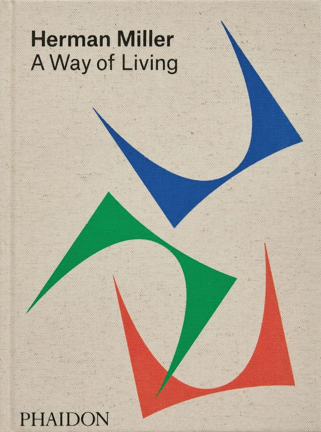 Book cover titled "A Way of Living" by Herman Miller, published by Phaidon. The cover features three abstract geometric shapes in blue, green, and red on a textured beige background.