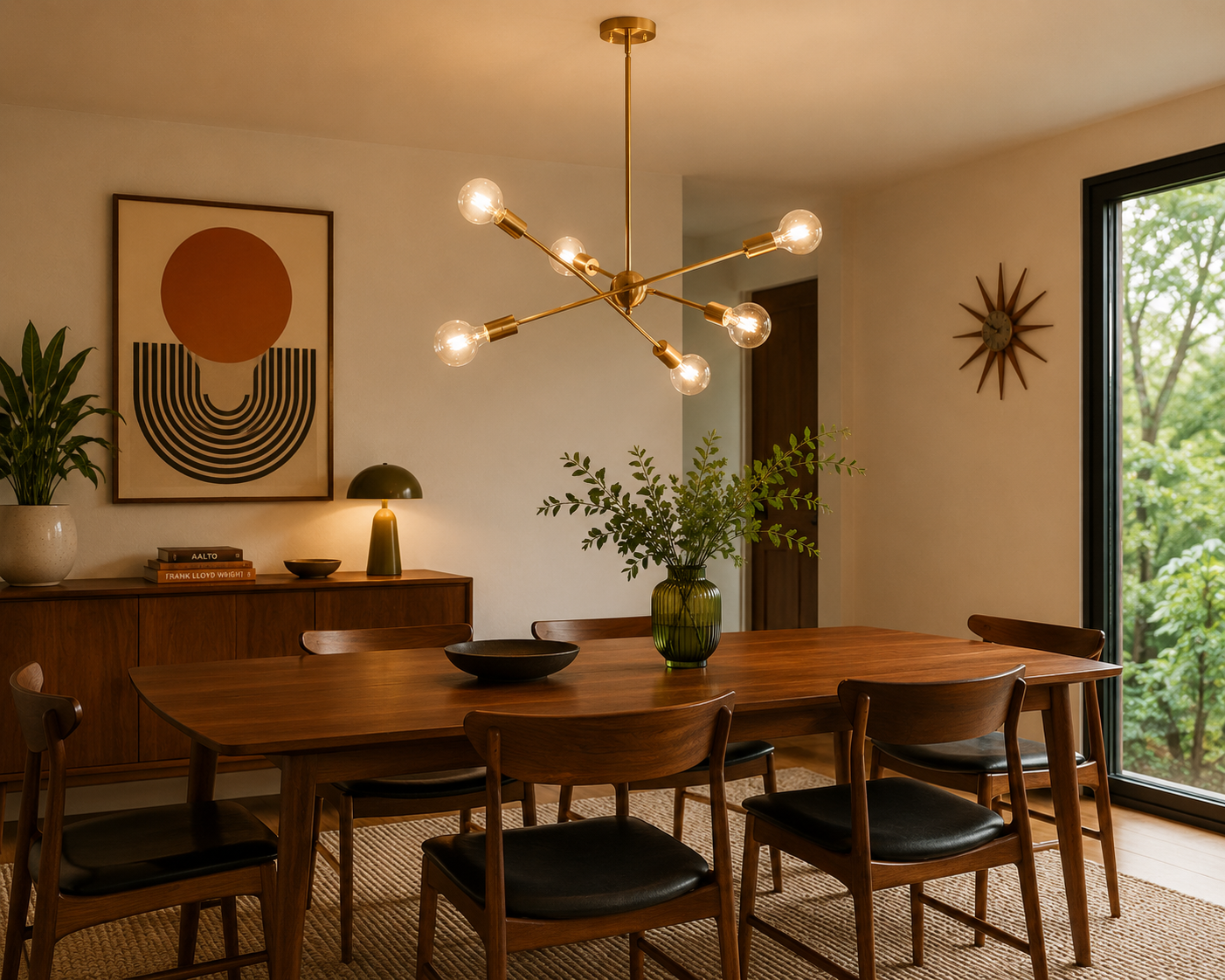 Mid-century modern dining room with a wooden table, six chairs, a green vase with greenery, a sideboard with a lamp, plants, and decorative artwork, illuminated by a brass chandelier, and large window showing a lush green view outside.