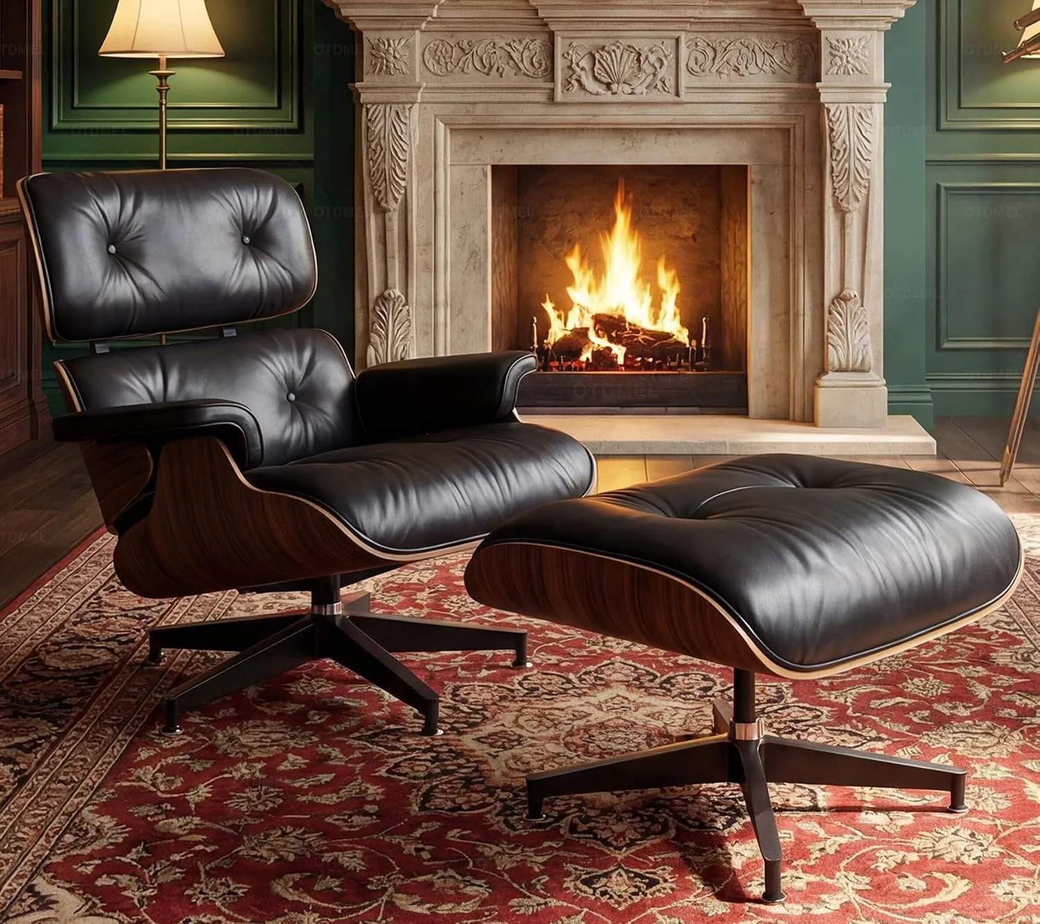 A mid-century modern Eames black leather lounge chair with matching ottoman in a living room with a fireplace. The fireplace has a carved stone mantel and is lit with a fire. The room has green walls and a patterned red rug.