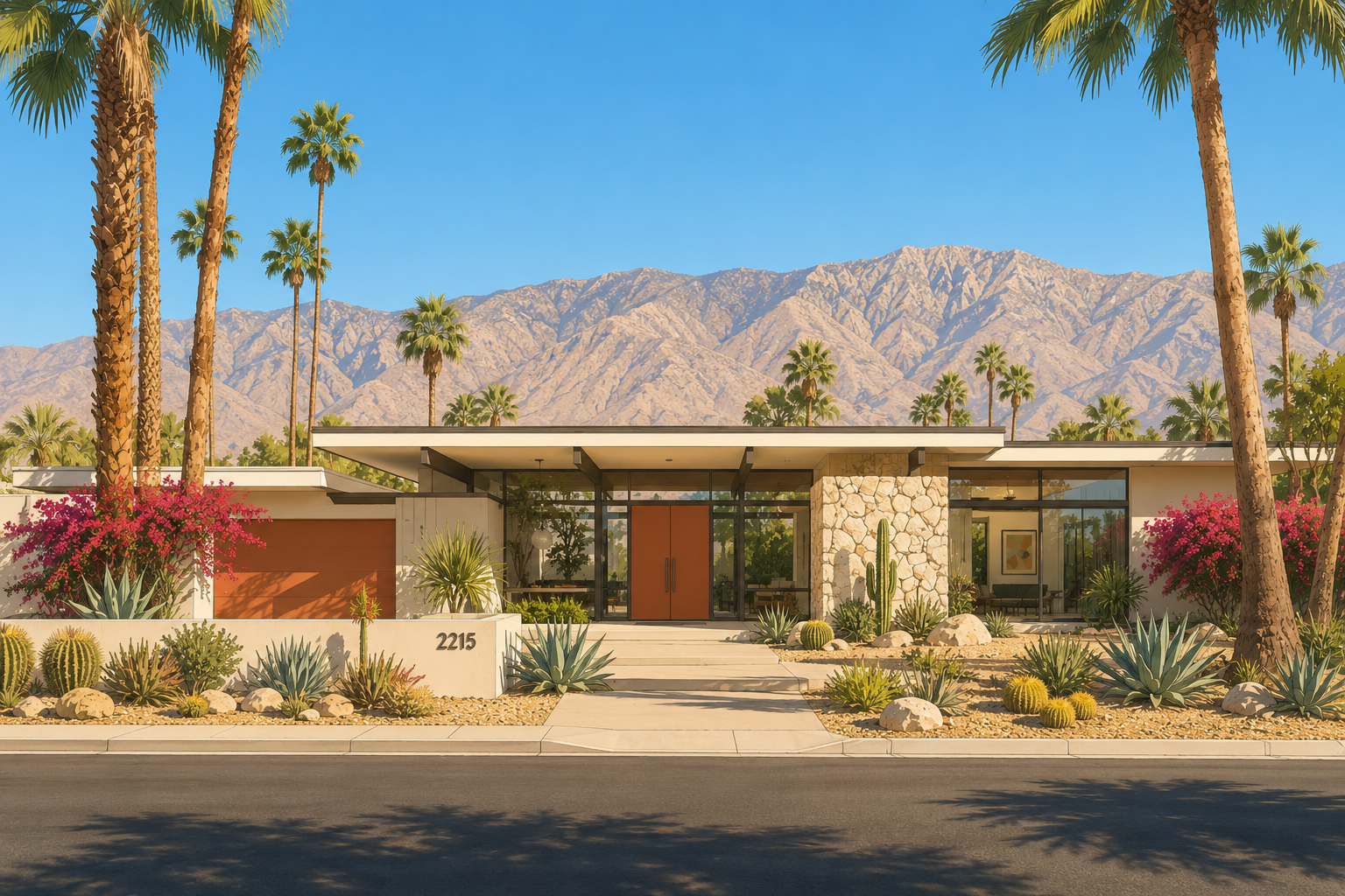 Ssingle-story MCM house with a stone and glass exterior, desert landscaping with cacti and succulents, and palm trees in the yard, set against a backdrop of mountains and a clear blue sky in Palm Springs, CA.
